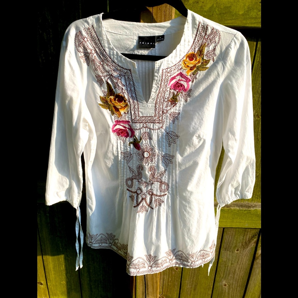 Tribal Embroidery Boho Peasant Top